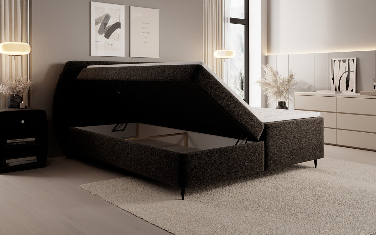 Box spring bed Nara in textured fabric with storage space