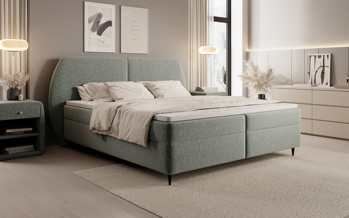 Box spring bed Nara in textured fabric with storage space