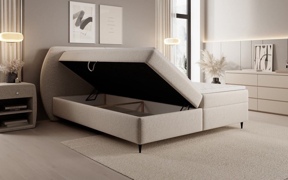 Box spring bed Nara in textured fabric with storage space