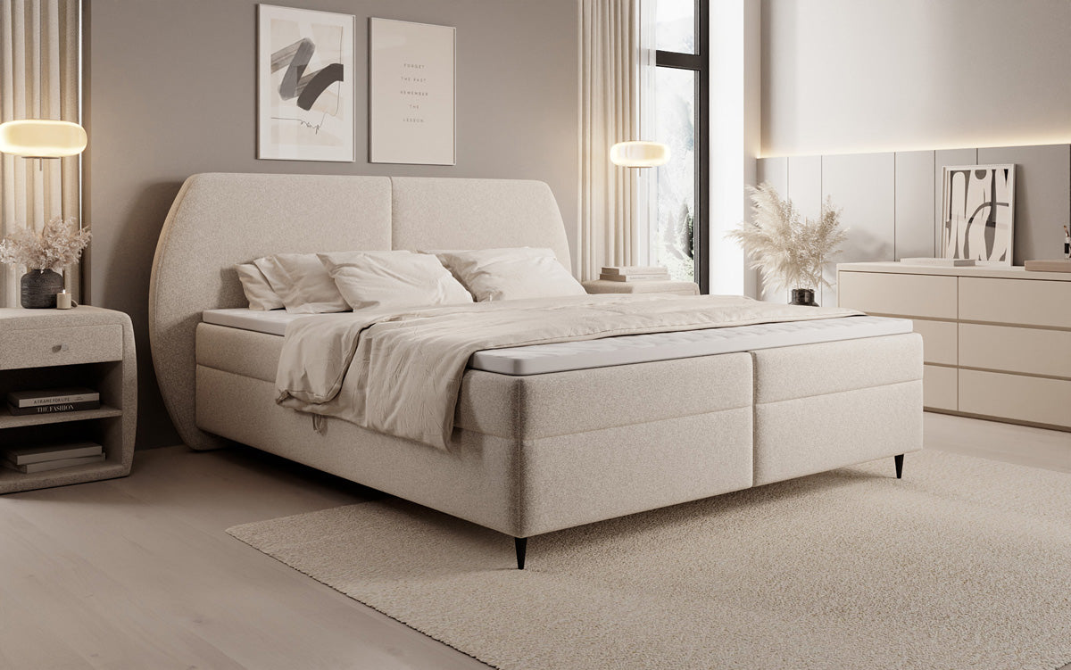 Box spring bed Nara in textured fabric with storage space