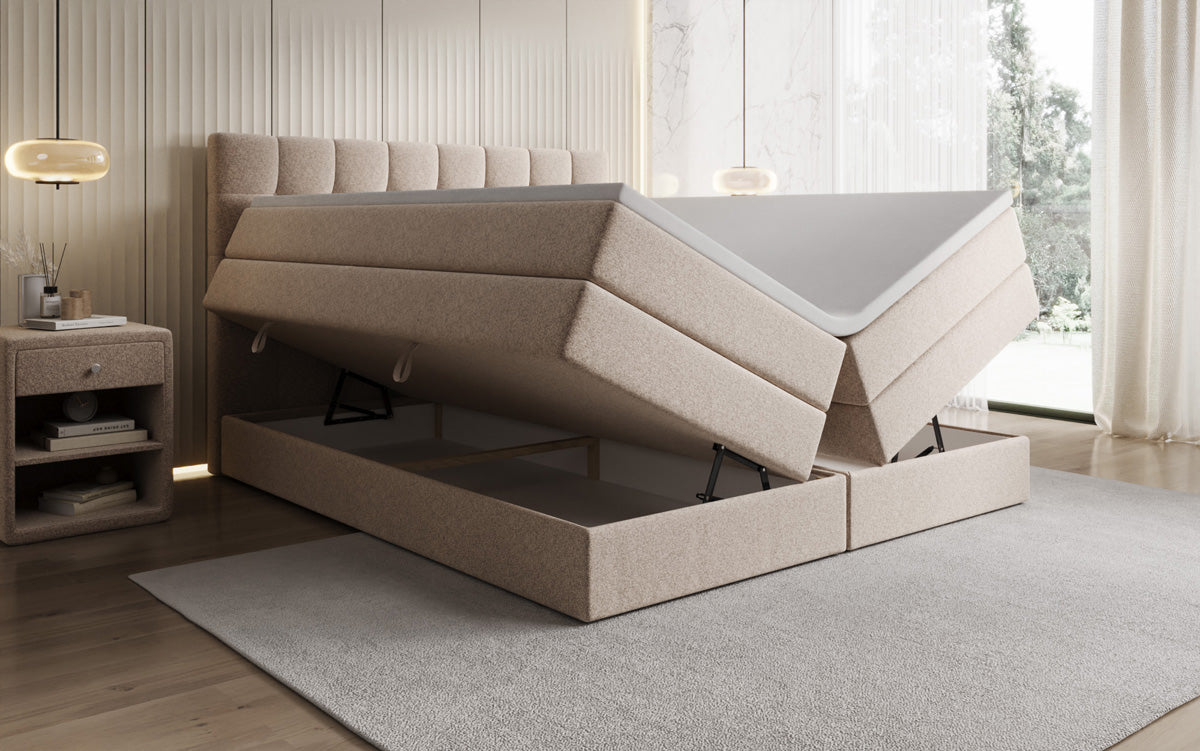 Grandé box spring bed in textured fabric with storage space
