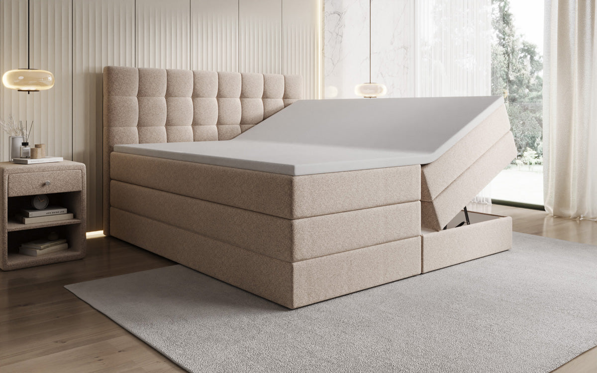 Grandé box spring bed in textured fabric with storage space