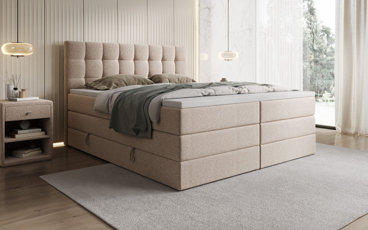Grandé box spring bed in textured fabric with storage space