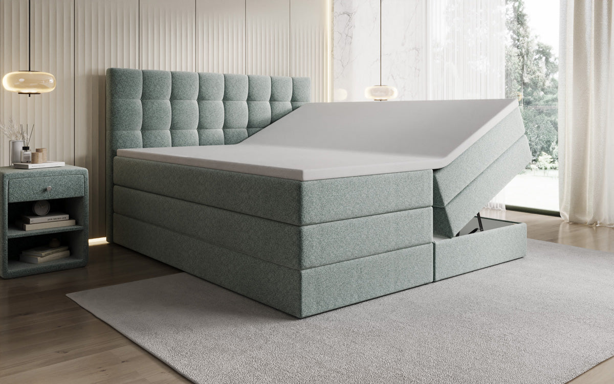Grandé box spring bed in textured fabric with storage space