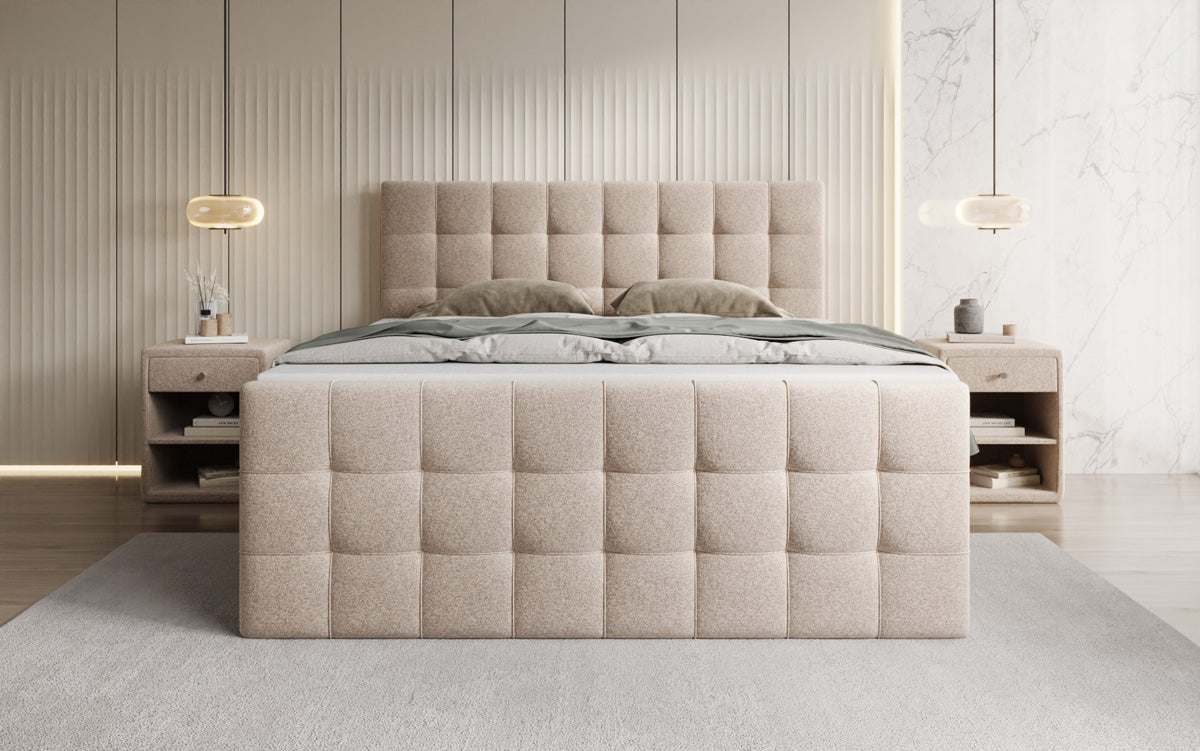 Box spring bed Ascot in textured fabric with storage space