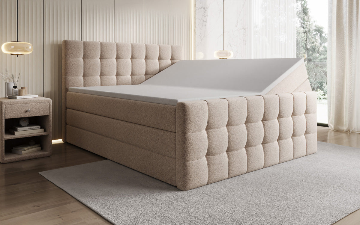 Box spring bed Ascot in textured fabric with storage space