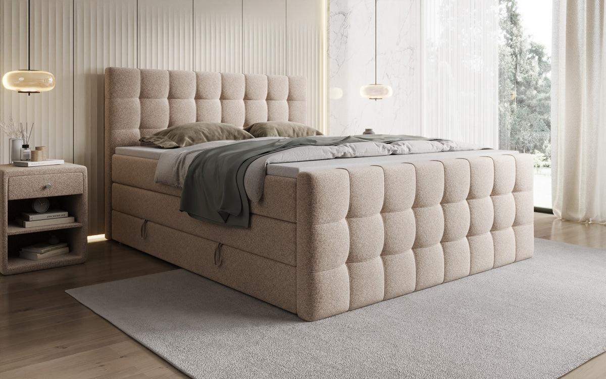 Box spring bed Ascot in textured fabric with storage space