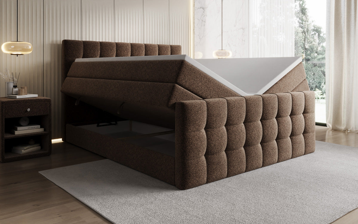 Box spring bed Ascot in textured fabric with storage space