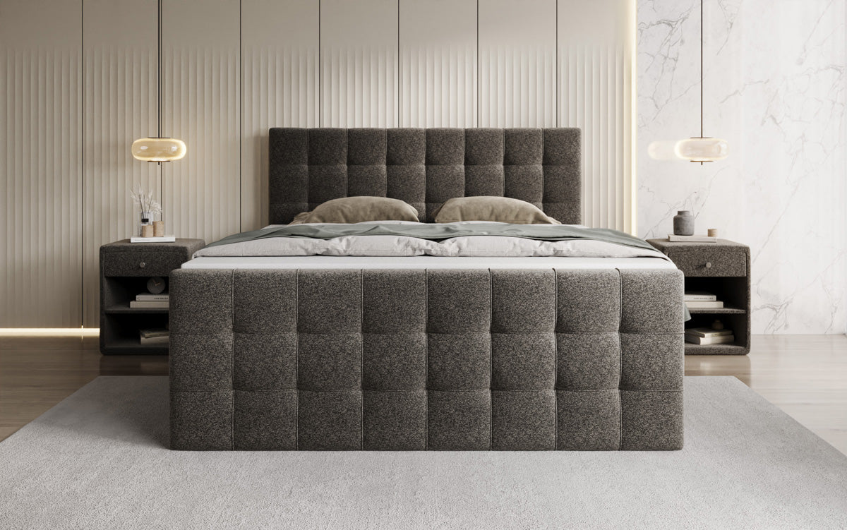Box spring bed Ascot in textured fabric with storage space