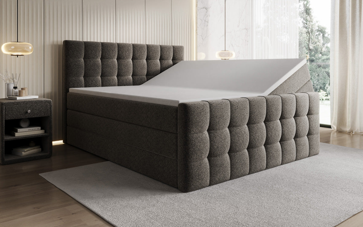 Box spring bed Ascot in textured fabric with storage space