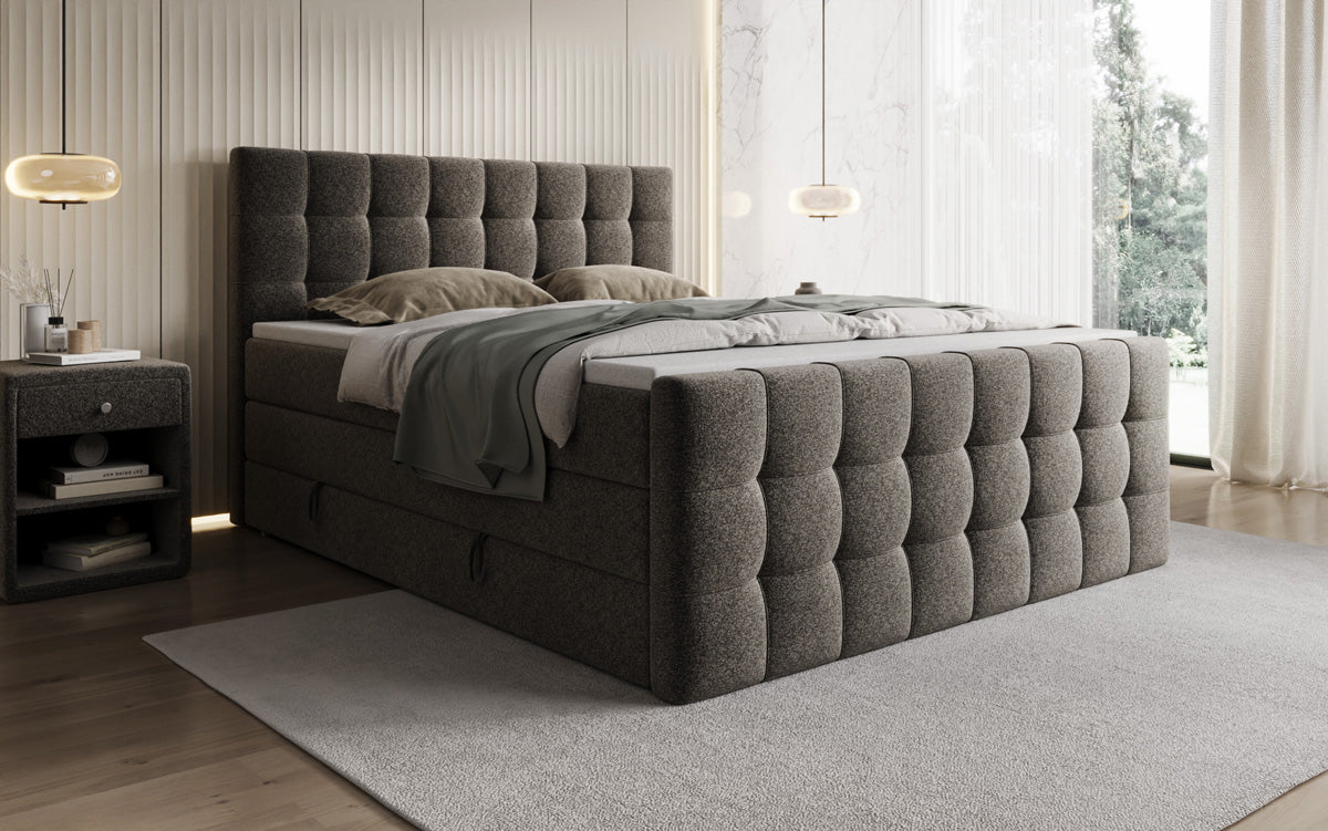 Box spring bed Ascot in textured fabric with storage space