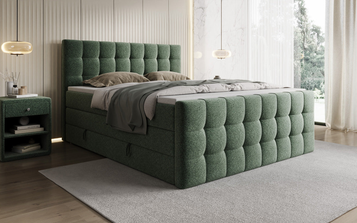 Box spring bed Ascot in textured fabric with storage space