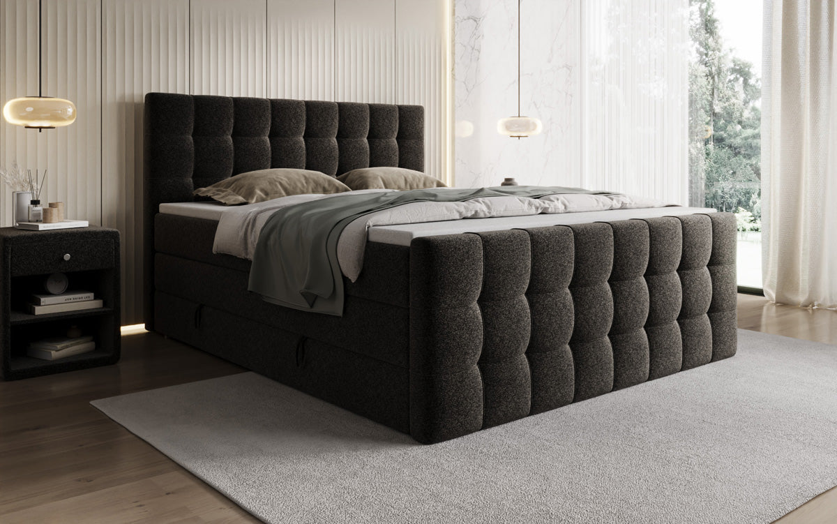 Box spring bed Ascot in textured fabric with storage space