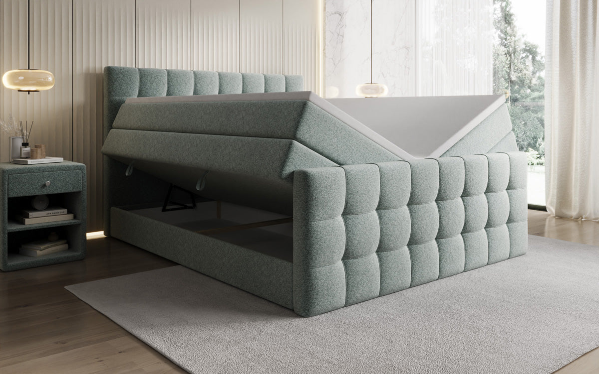 Box spring bed Ascot in textured fabric with storage space