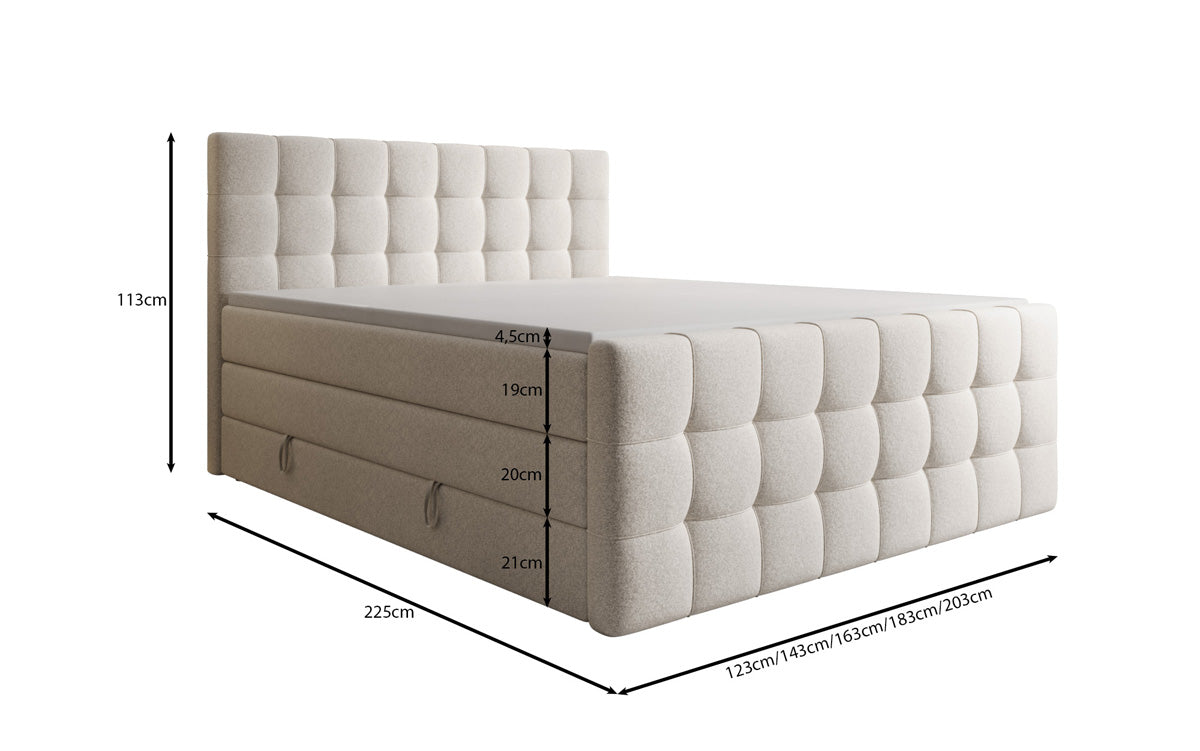 Box spring bed Ascot in textured fabric with storage space