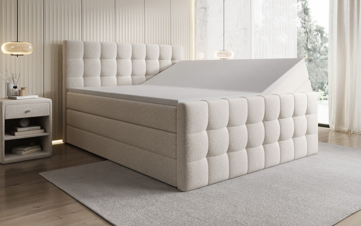 Box spring bed Ascot in textured fabric with storage space