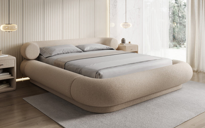 Designer upholstered bed Mochi in teddy bouclé with storage space