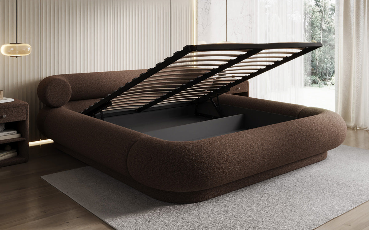 Designer upholstered bed Mochi in teddy bouclé with storage space