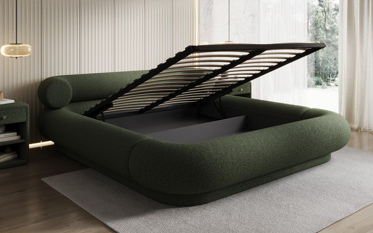 Designer upholstered bed Mochi in teddy bouclé with storage space