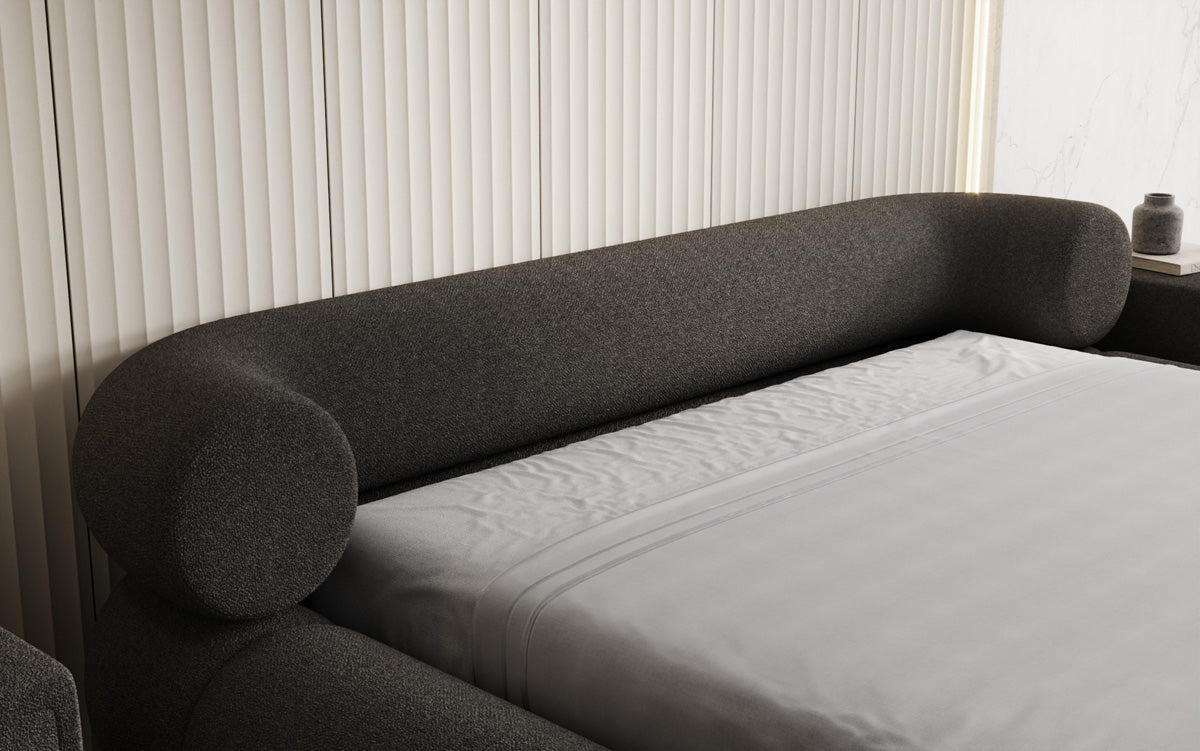 Designer upholstered bed Mochi in teddy bouclé with storage space
