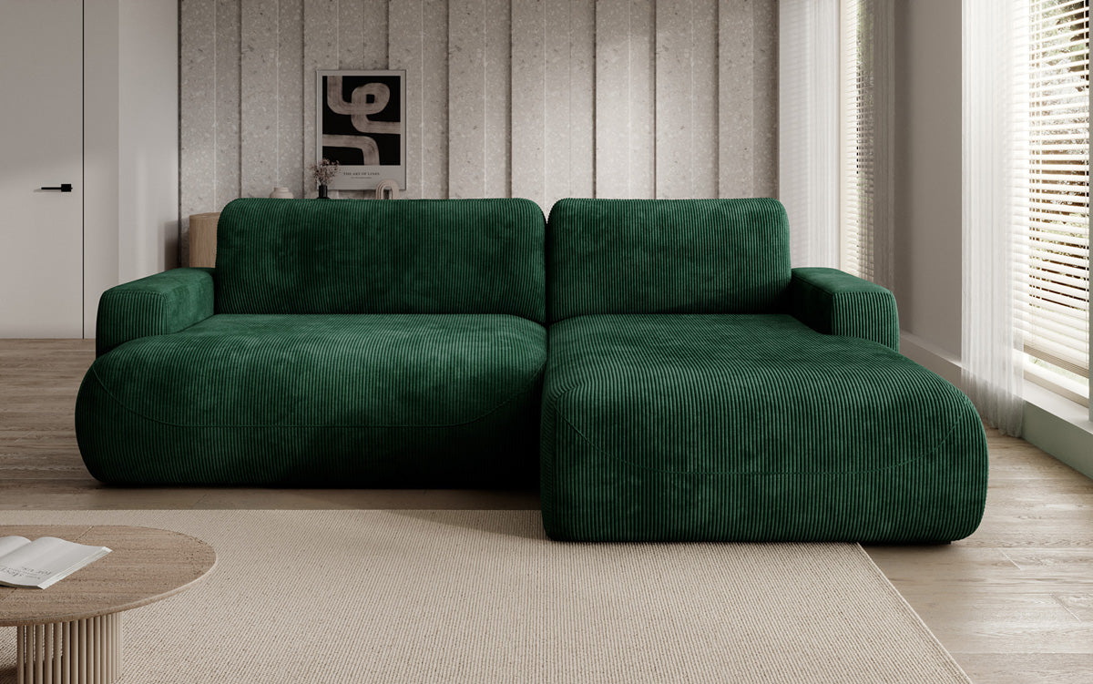 Designer corner sofa Enzo with sleeping and fold-out function in Corduroy