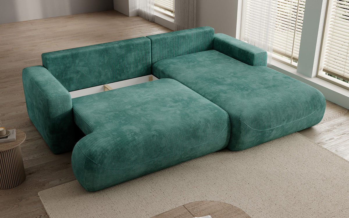 Designer corner sofa Enzo with sleeping and fold-out function in Corduroy