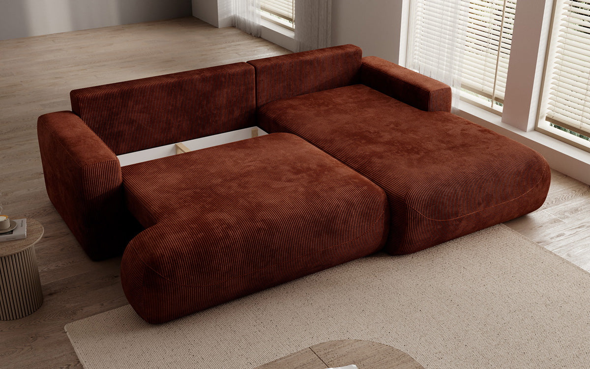 Designer corner sofa Enzo with sleeping and fold-out function in Corduroy