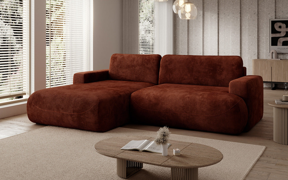 Designer corner sofa Enzo with sleeping and fold-out function in Corduroy
