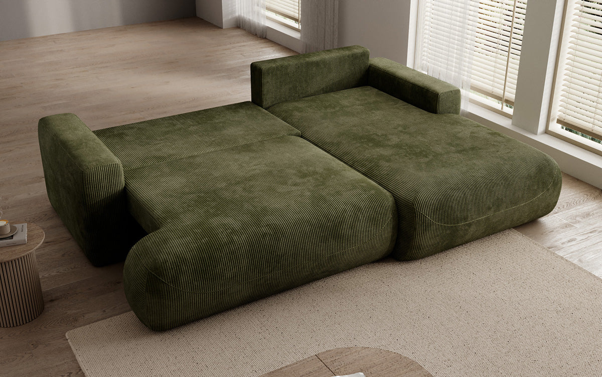 Designer corner sofa Enzo with sleeping and fold-out function in Corduroy