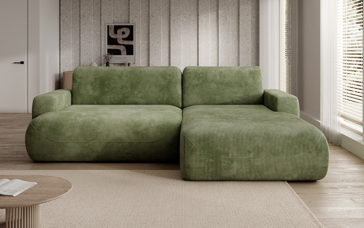 Designer corner sofa Enzo with sleeping and fold-out function in Corduroy
