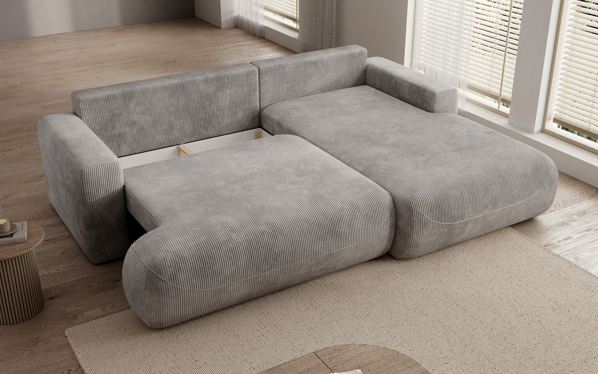 Designer corner sofa Enzo with sleeping and fold-out function in Corduroy