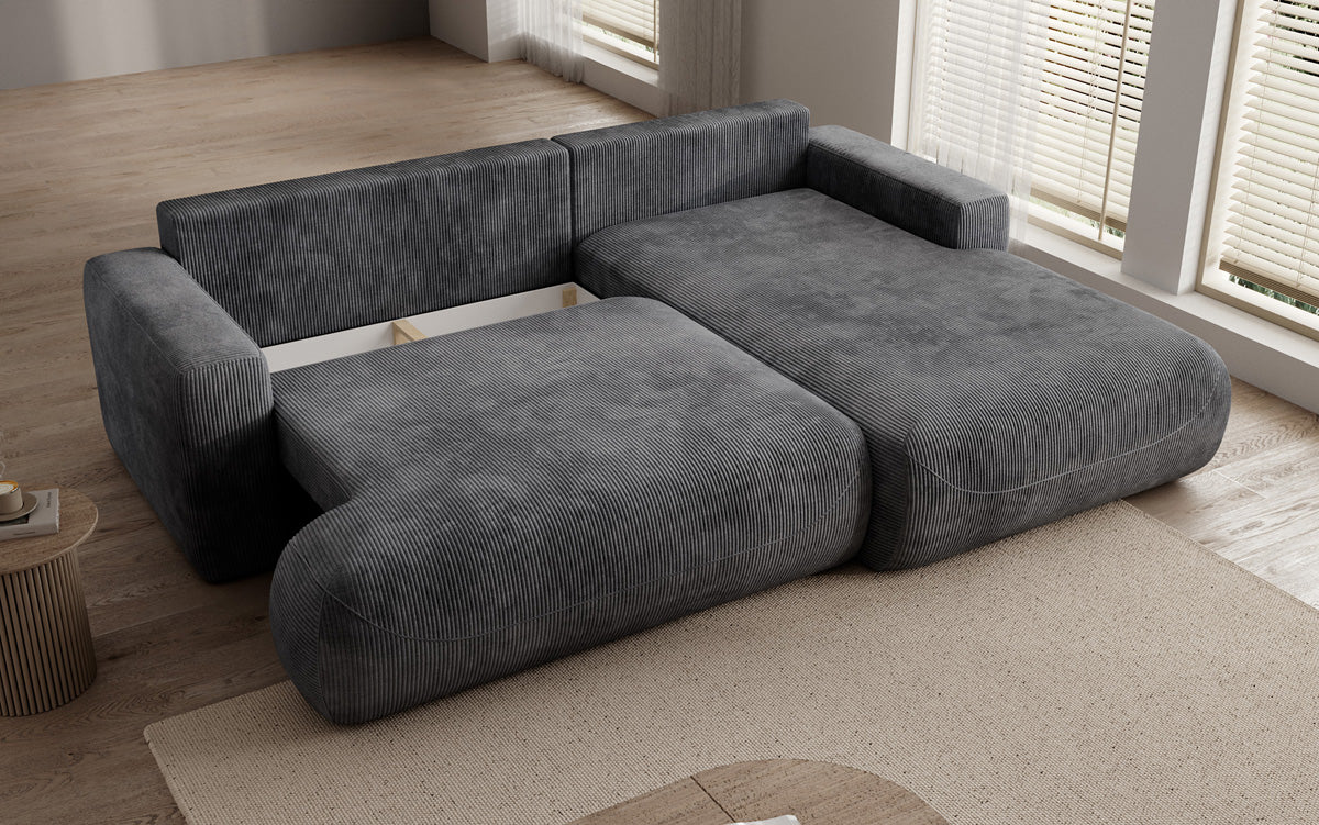 Designer corner sofa Enzo with sleeping and fold-out function in Corduroy