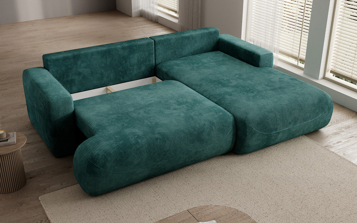 Designer corner sofa Enzo with sleeping and fold-out function in Corduroy