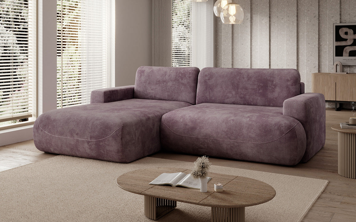 Designer corner sofa Enzo with sleeping and fold-out function in Corduroy