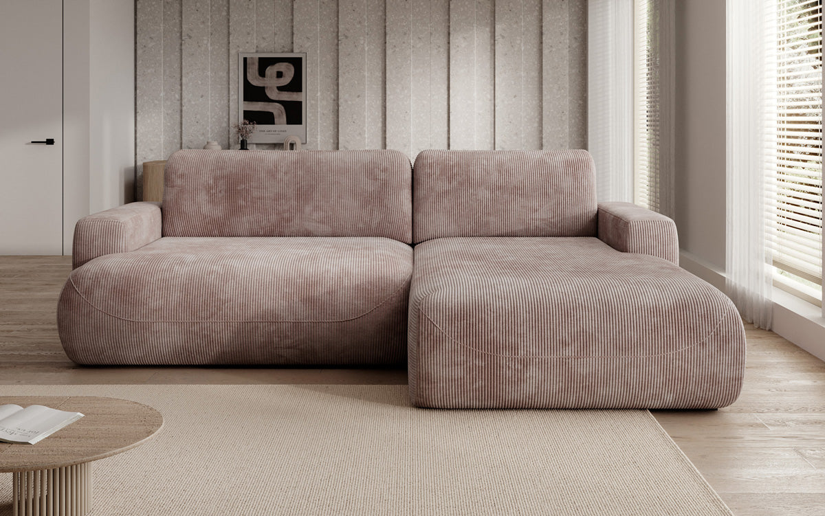 Designer corner sofa Enzo with sleeping and fold-out function in Corduroy