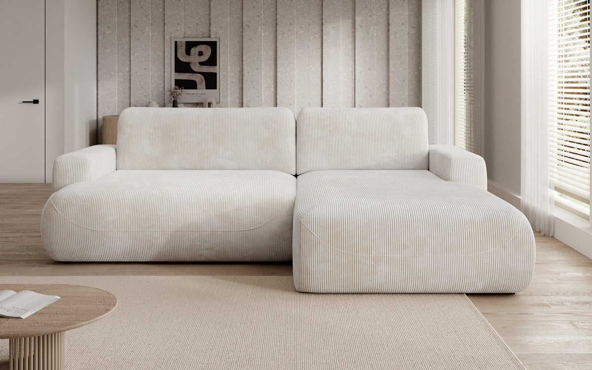 Designer corner sofa Enzo with sleeping and fold-out function in Corduroy
