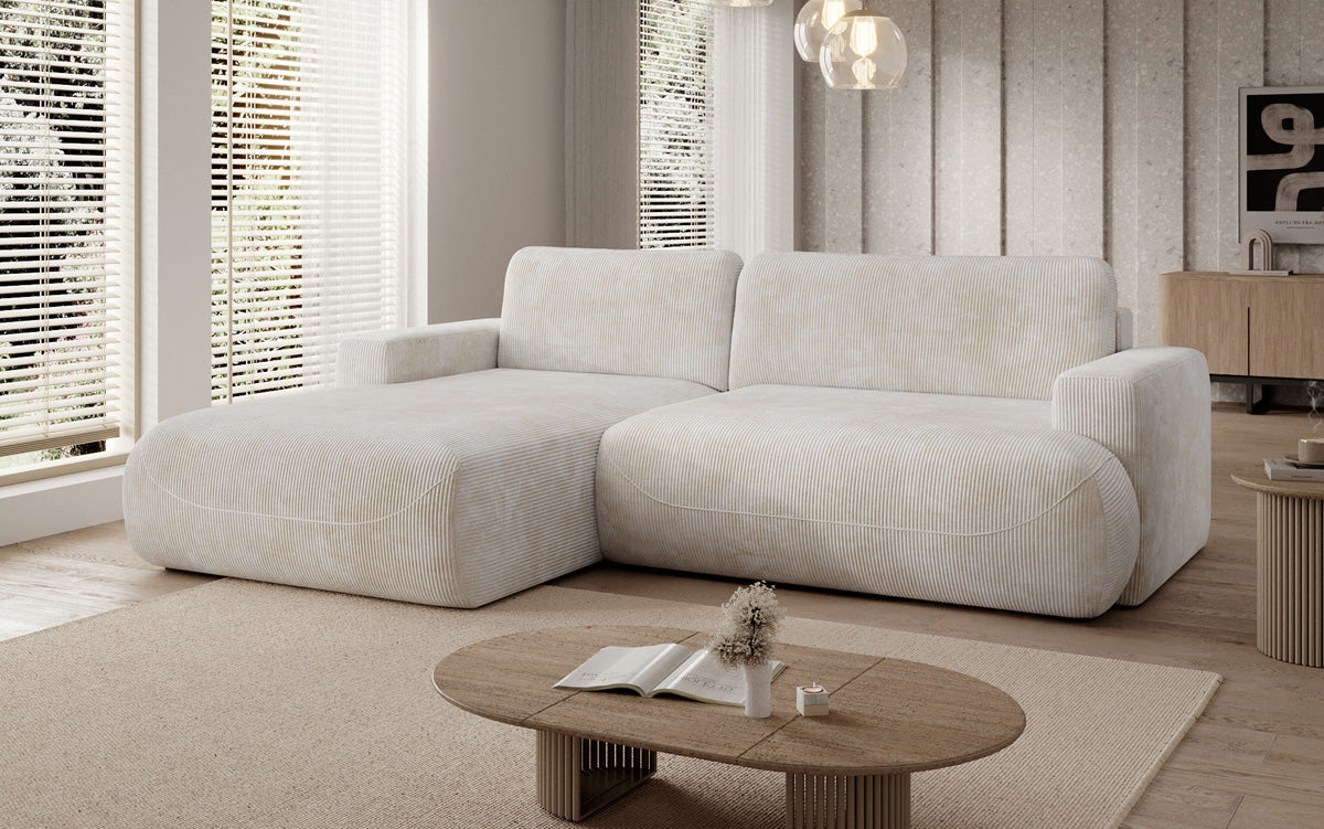 Designer corner sofa Enzo with sleeping and fold-out function in Corduroy