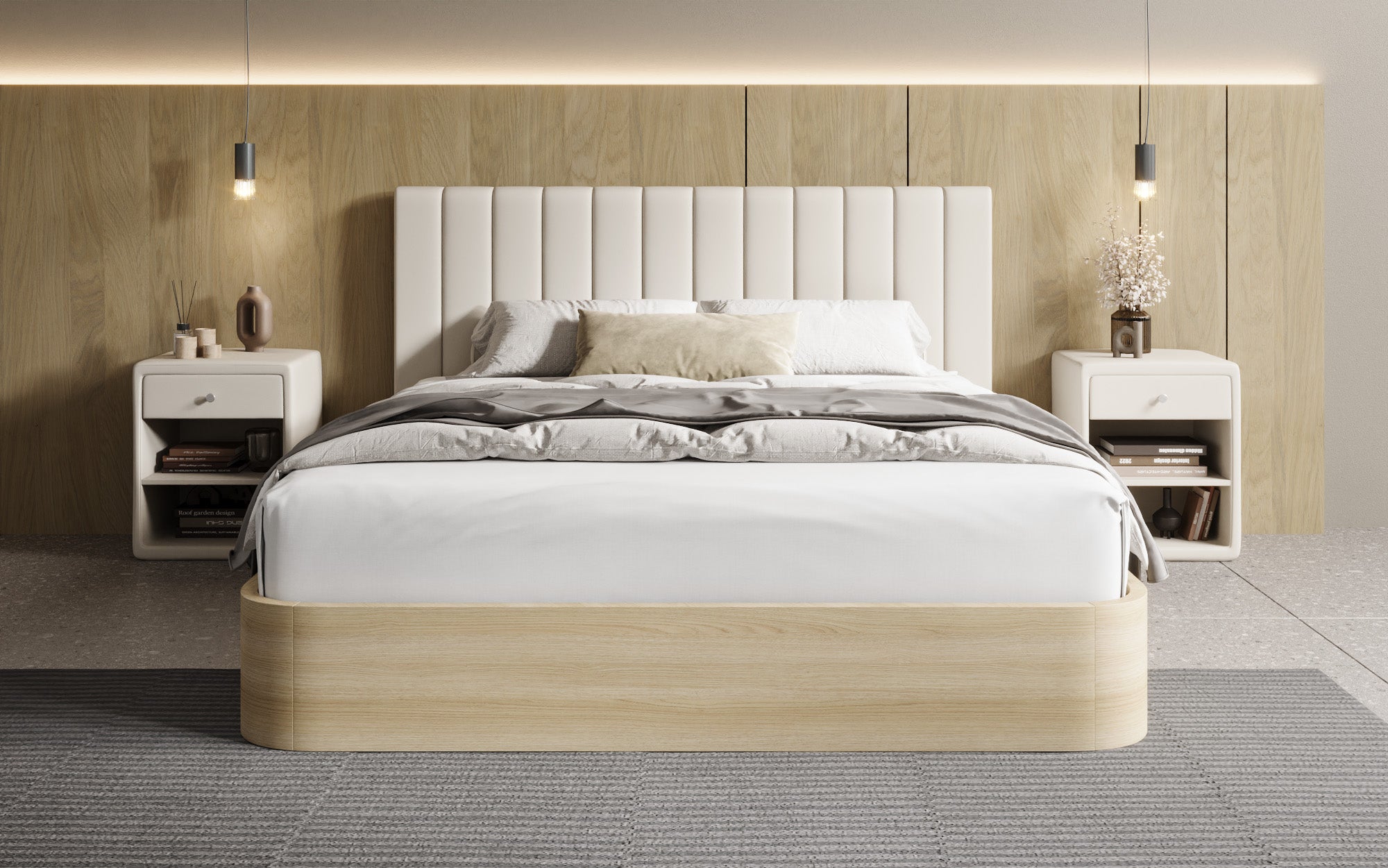 Designer upholstered bed Fiore Linea in fabric with storage space