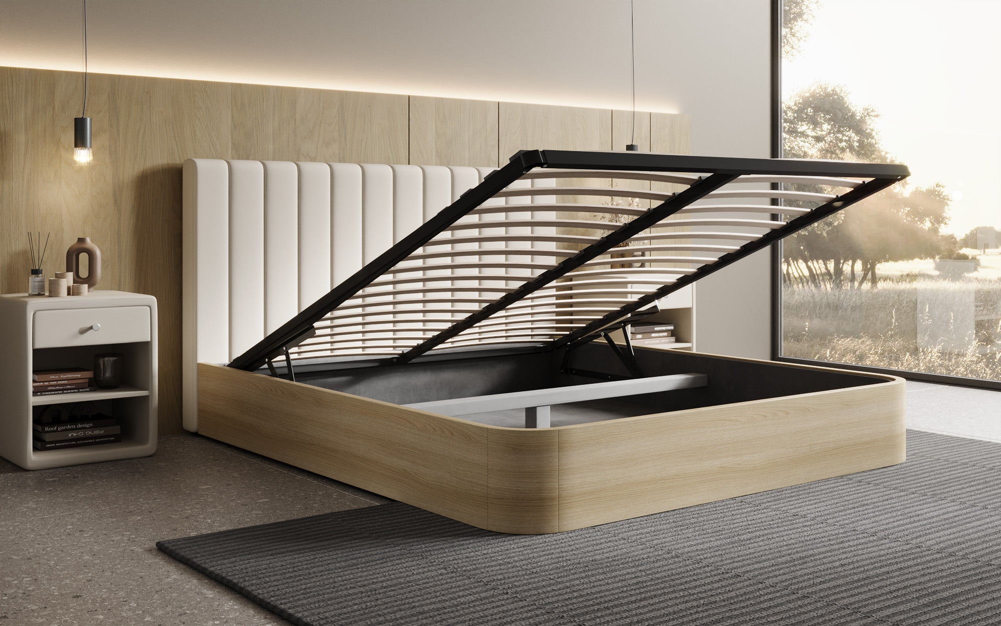 Designer upholstered bed Fiore Linea in fabric with storage space
