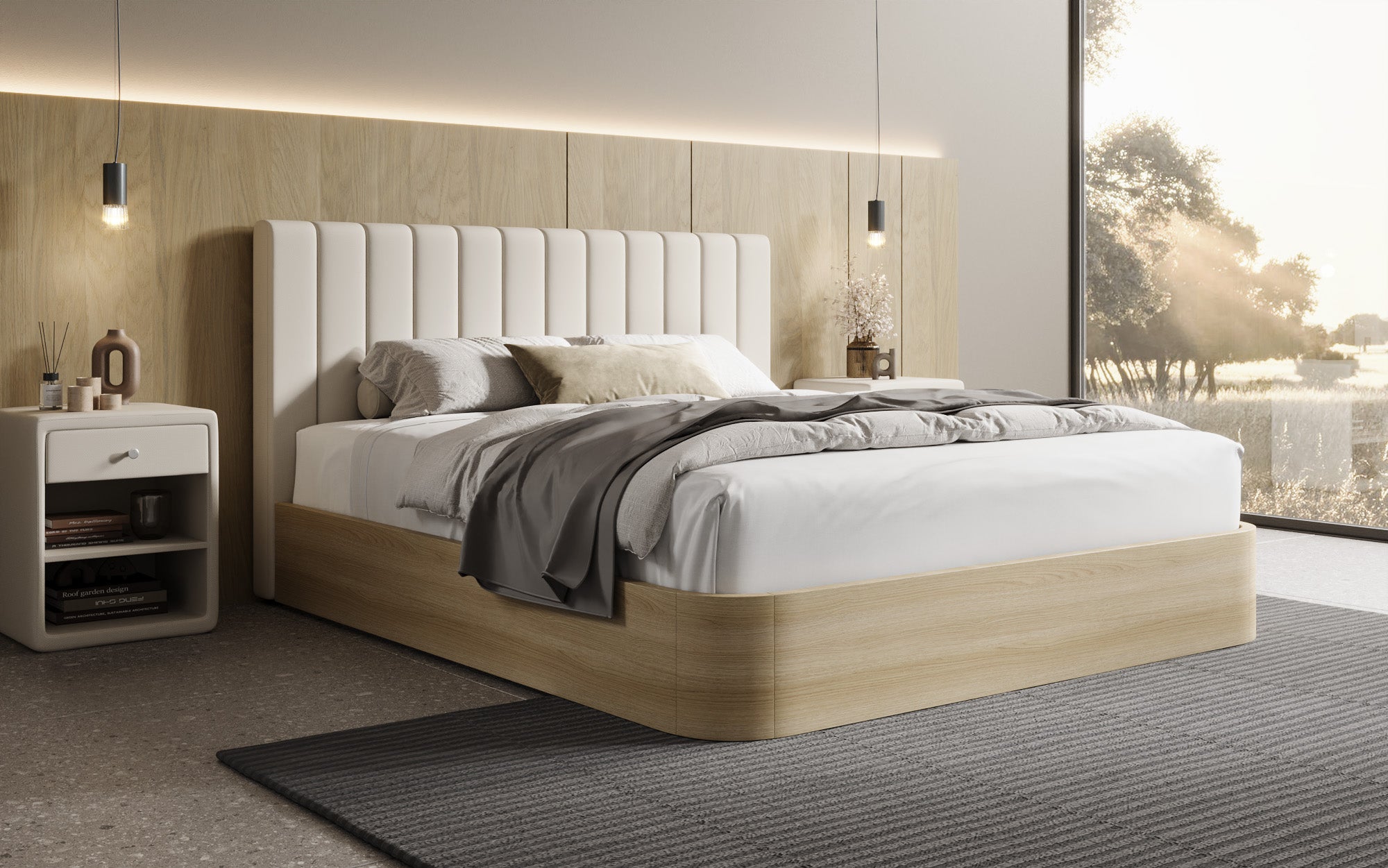 Designer upholstered bed Fiore Linea in fabric with storage space