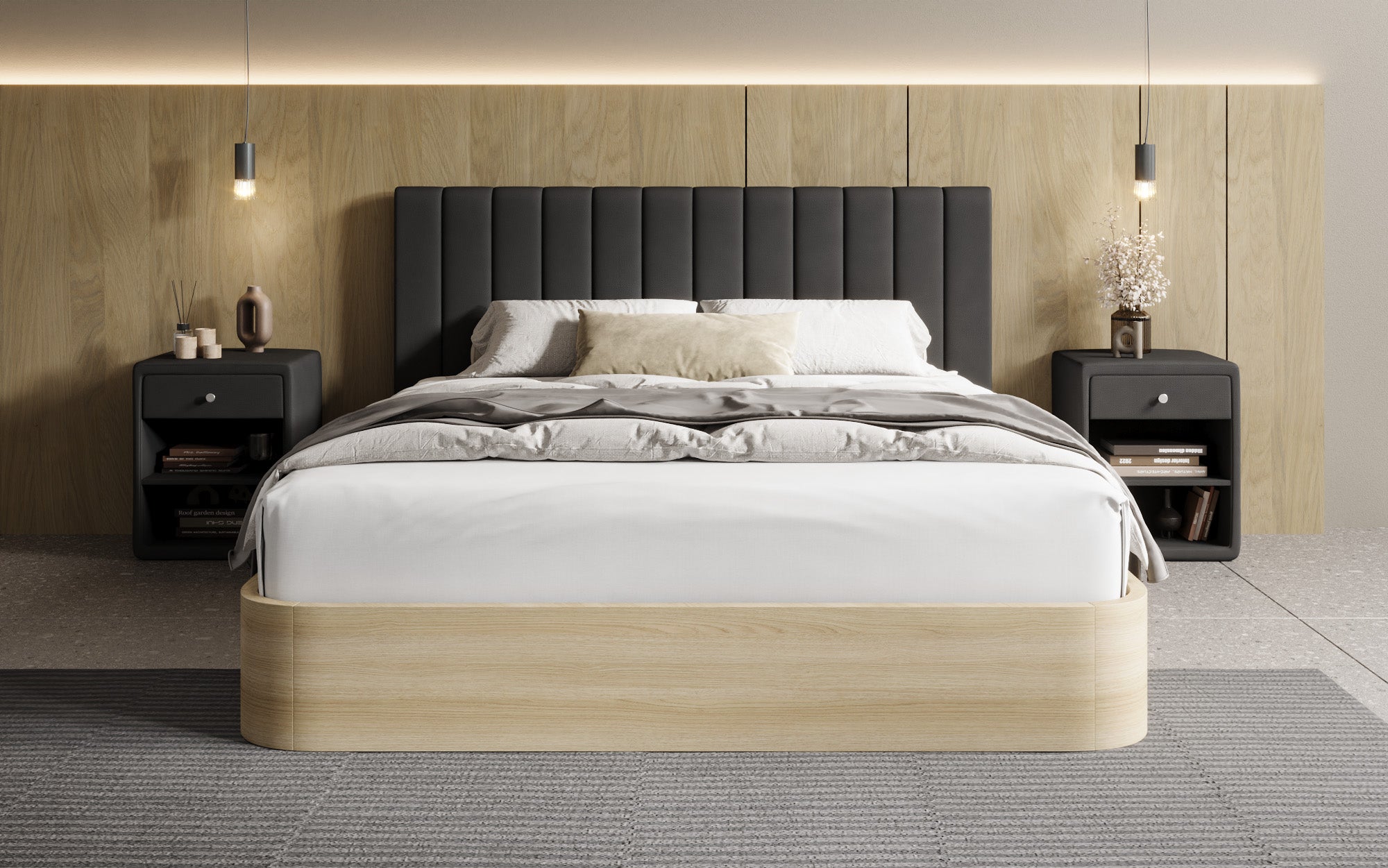 Designer upholstered bed Fiore Linea in fabric with storage space