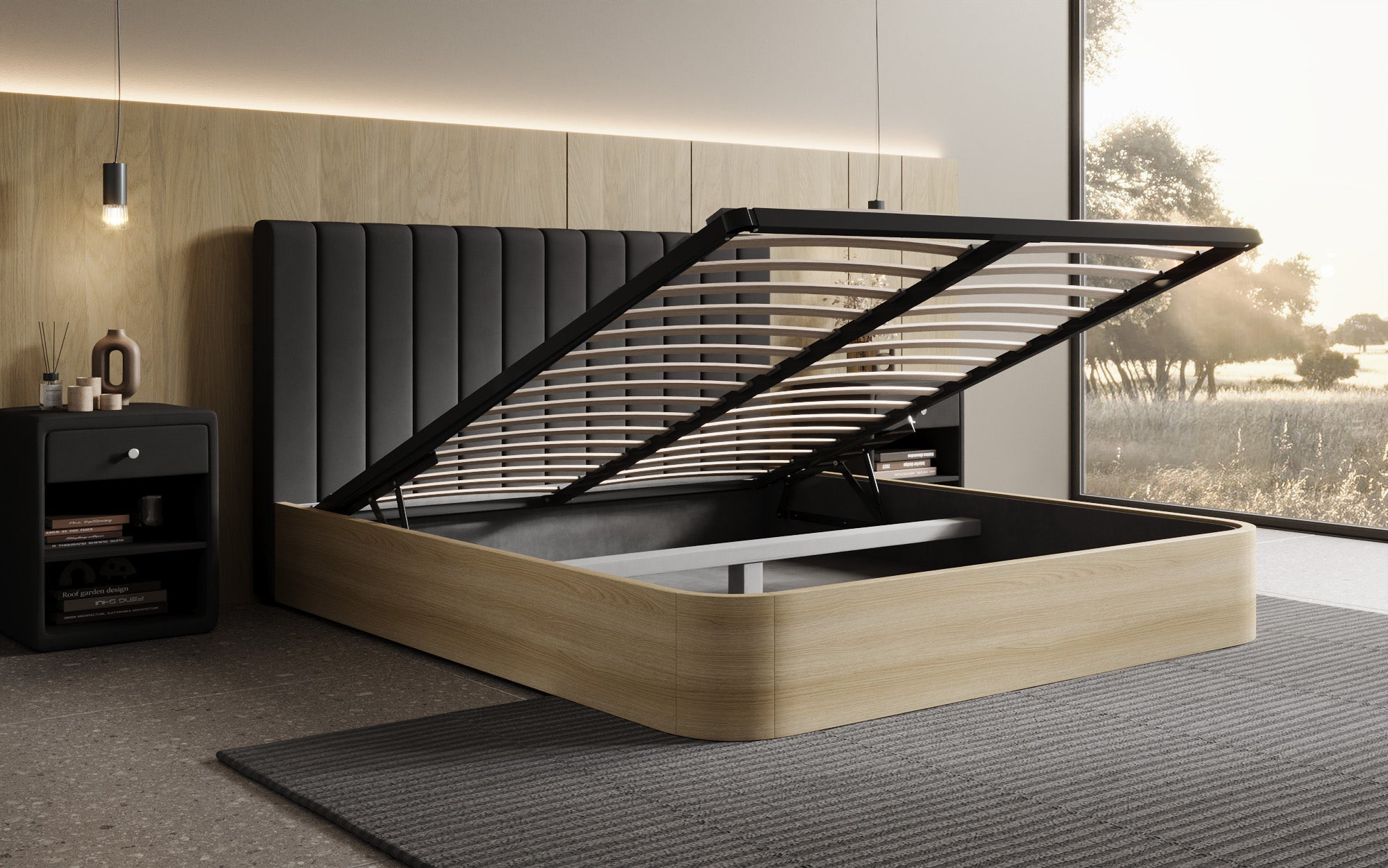 Designer upholstered bed Fiore Linea in fabric with storage space