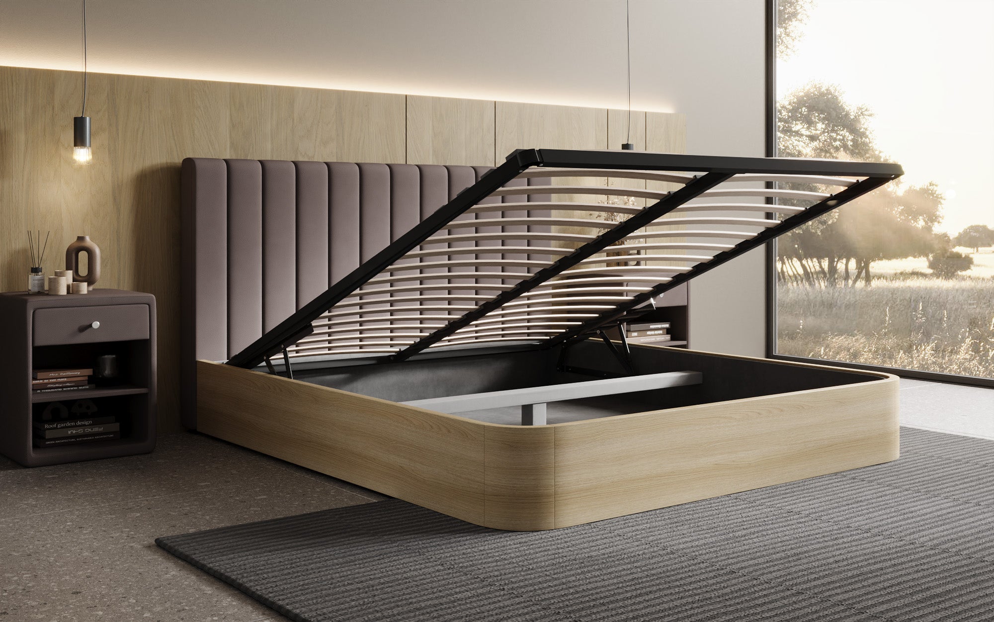 Designer upholstered bed Fiore Linea in fabric with storage space