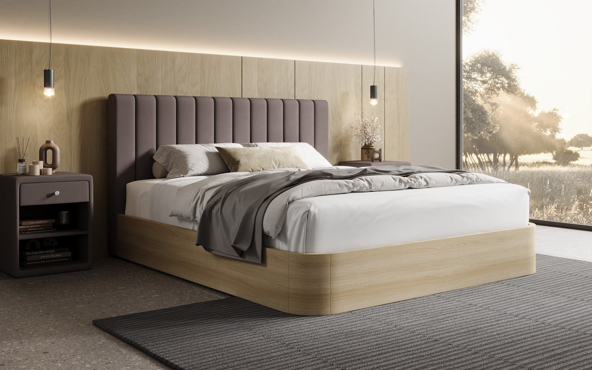 Designer upholstered bed Fiore Linea in fabric with storage space