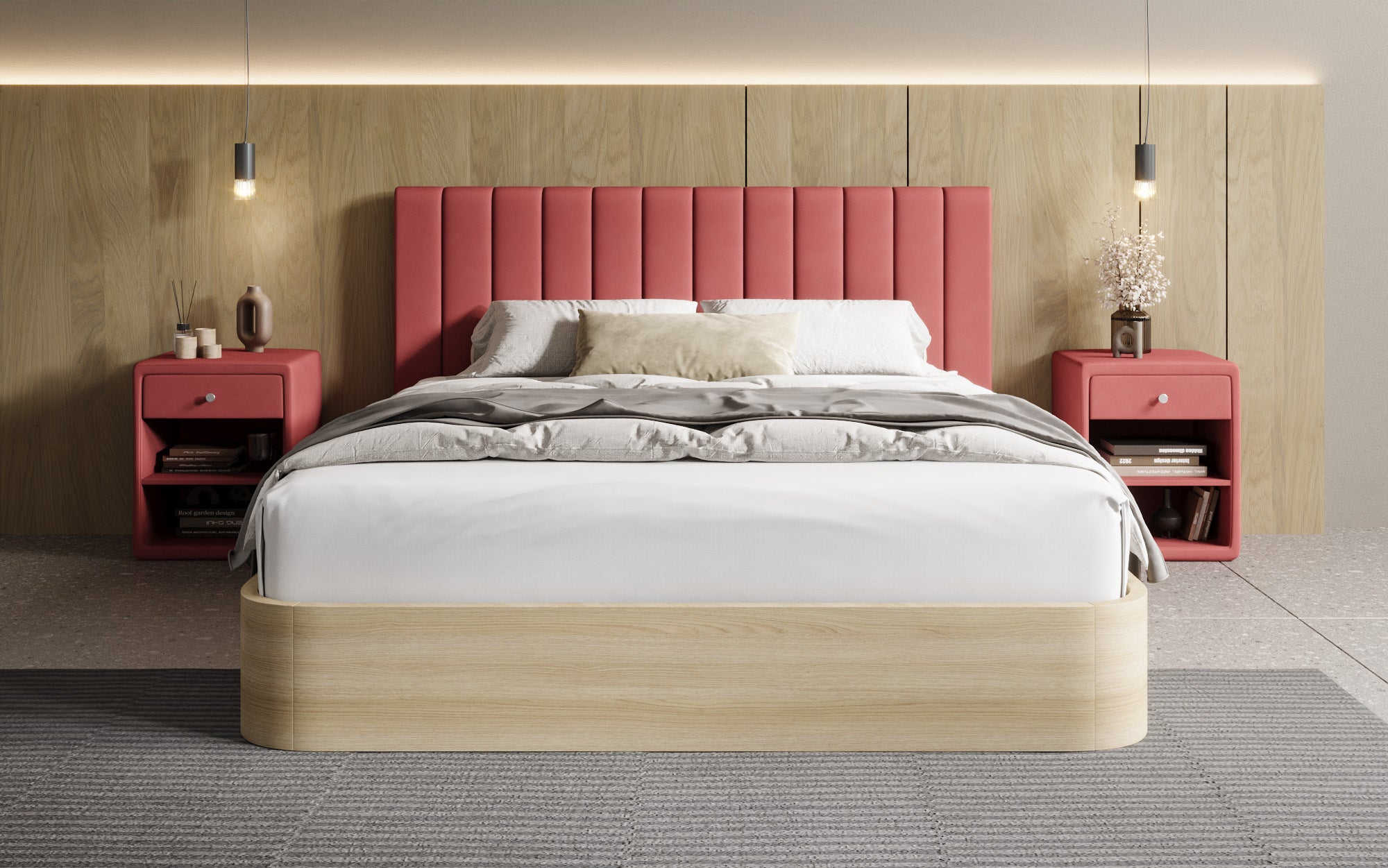 Designer upholstered bed Fiore Linea in fabric with storage space