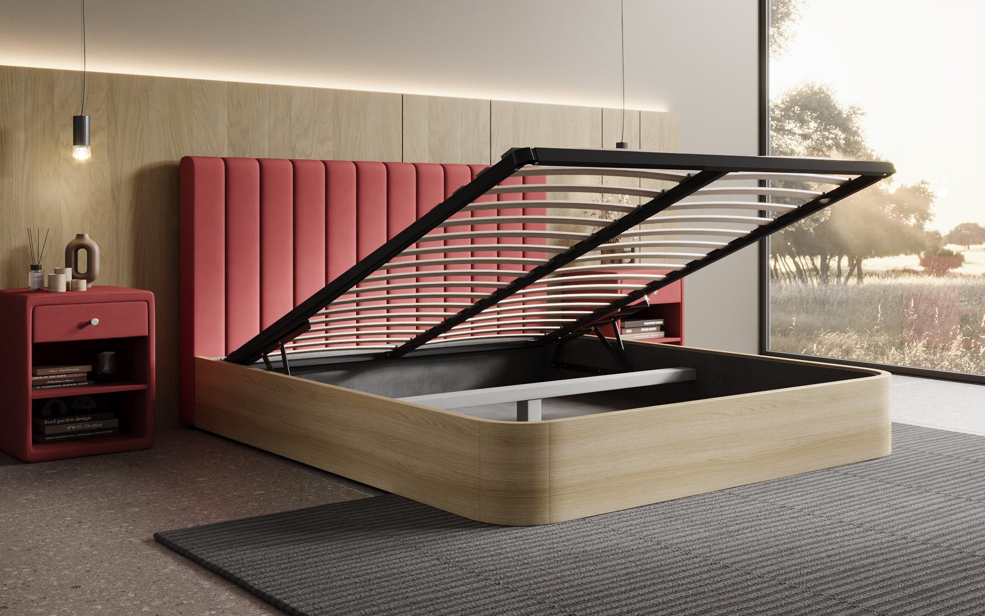 Designer upholstered bed Fiore Linea in fabric with storage space
