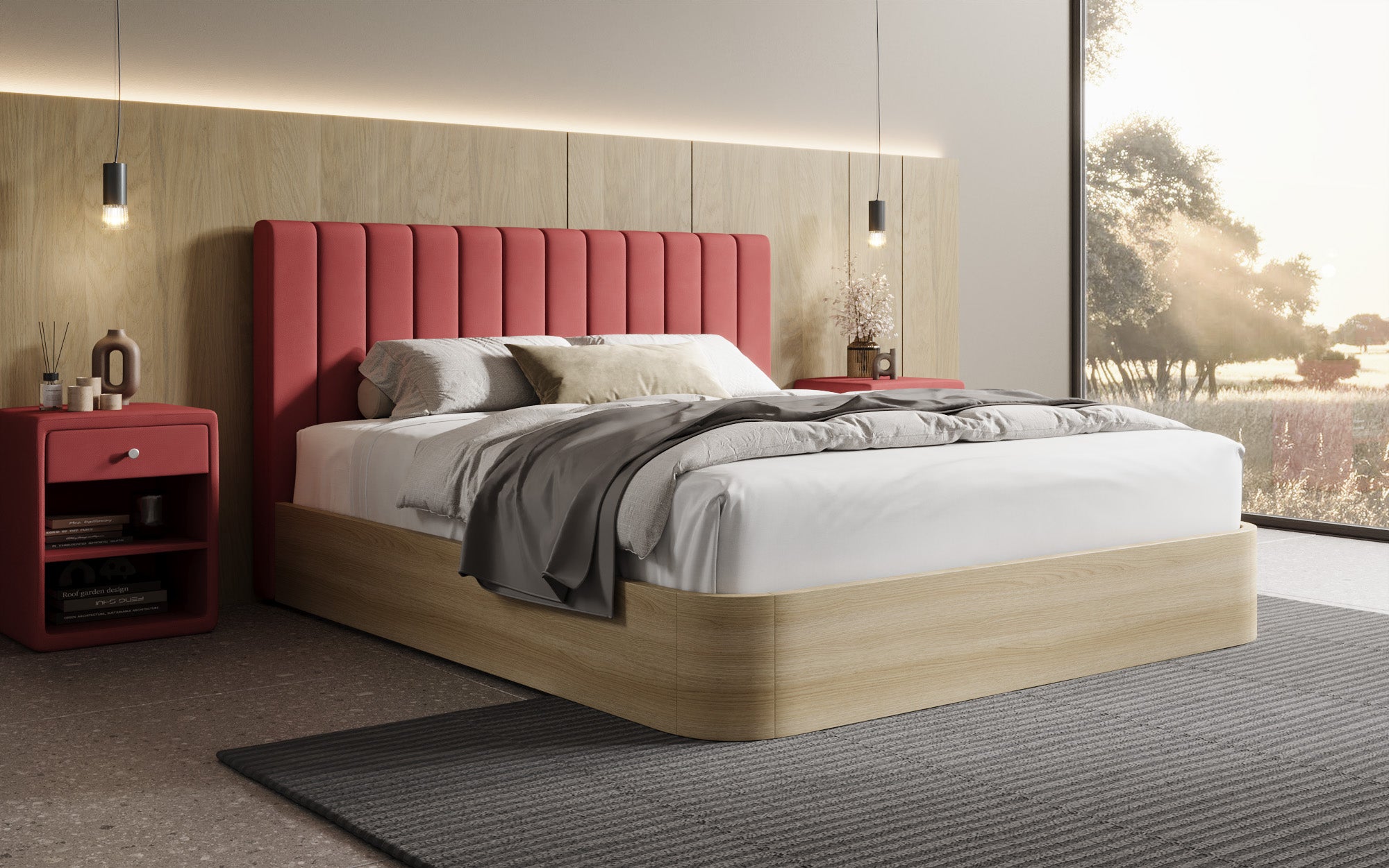 Designer upholstered bed Fiore Linea in fabric with storage space