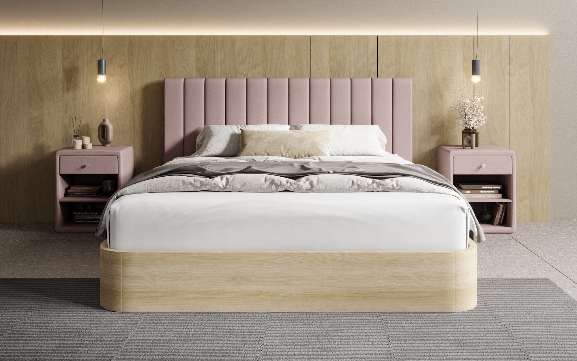 Designer upholstered bed Fiore Linea in fabric with storage space