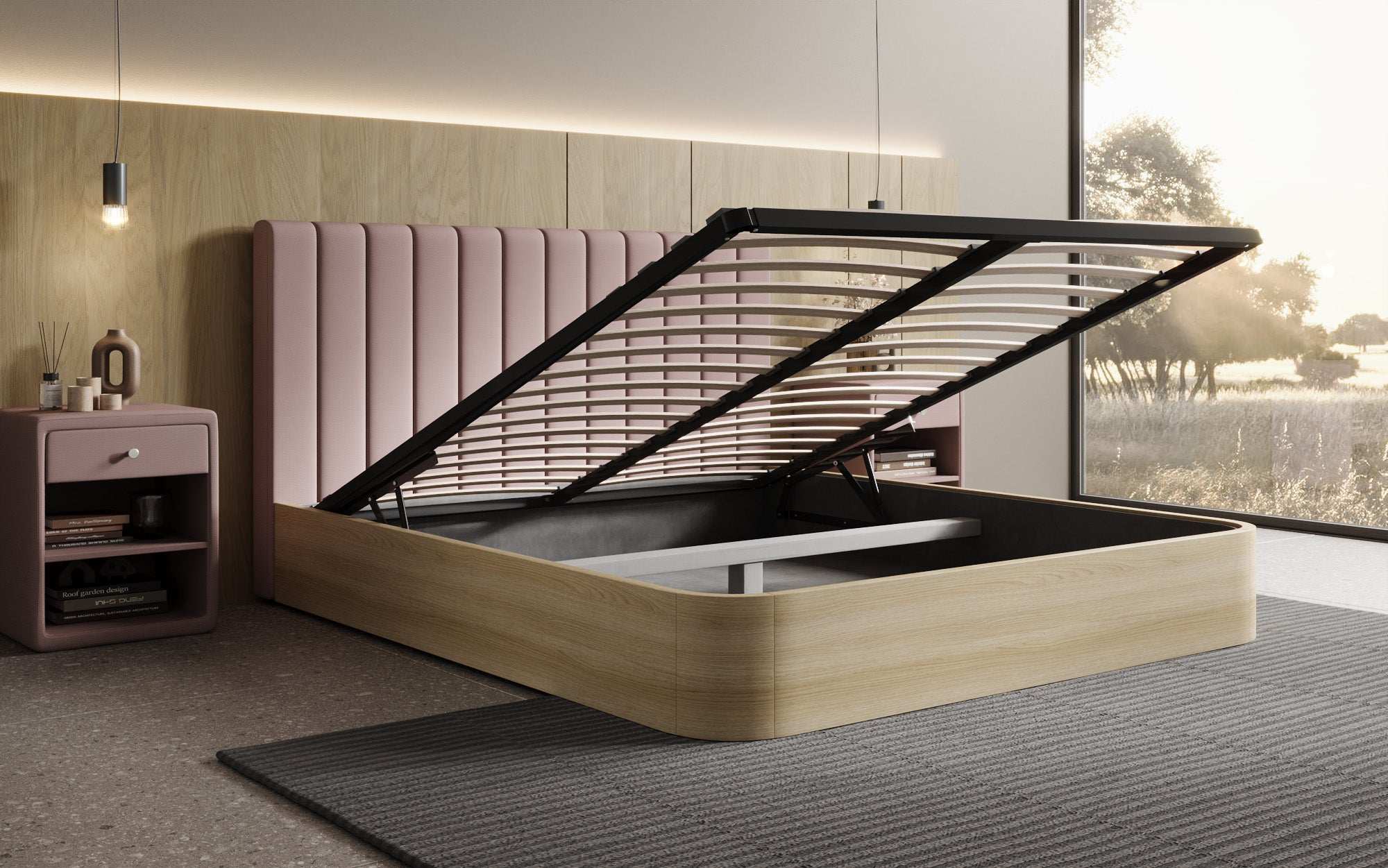 Designer upholstered bed Fiore Linea in fabric with storage space