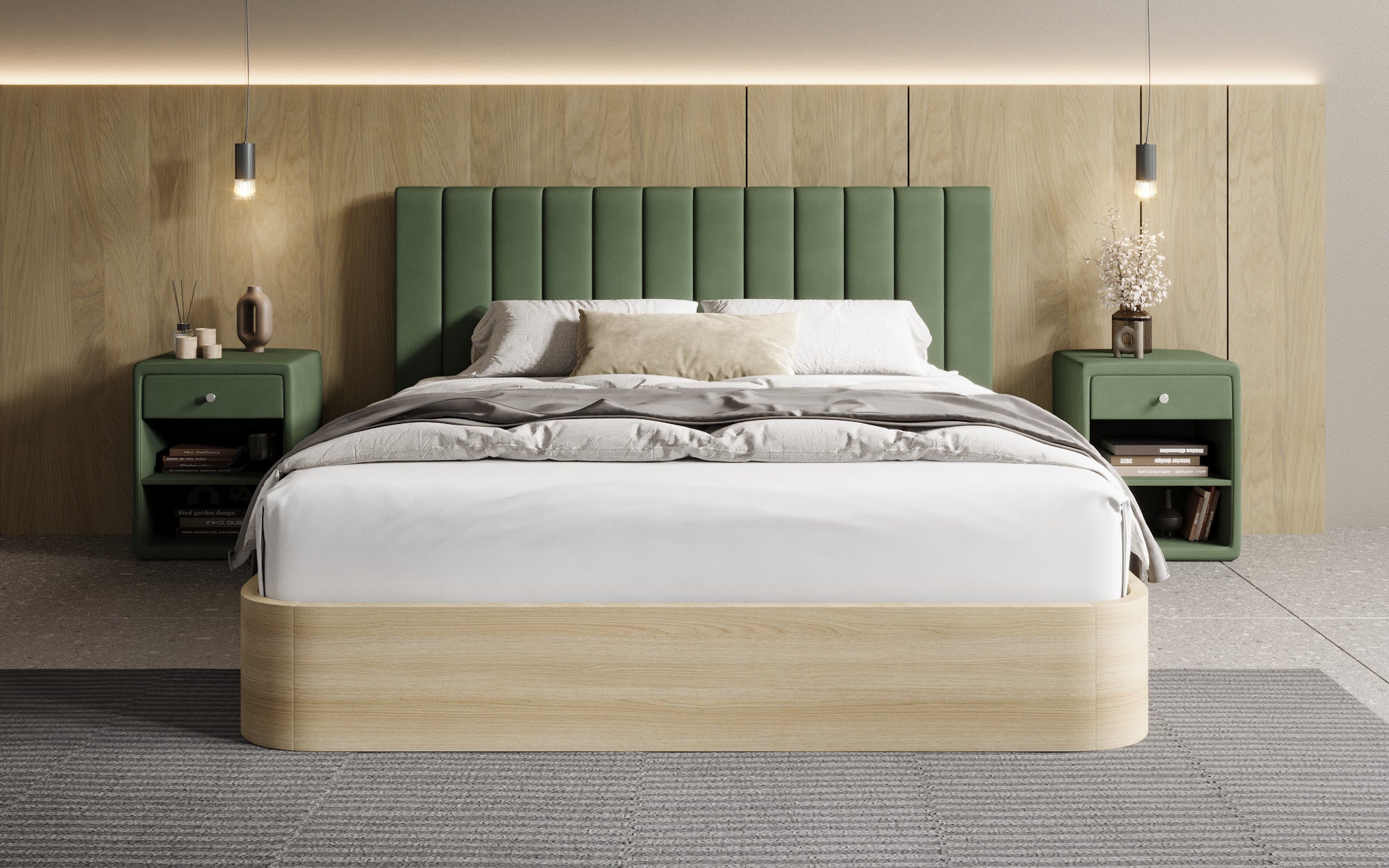 Designer upholstered bed Fiore Linea in fabric with storage space